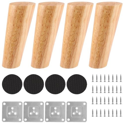 4 Pièces Pied Meuble Bois Oblique 12cm Pieds De Meuble Bois Rond Pieds Meuble Bois Bois Massif Pied De Meuble Bois Pied De Meuble avec Plaques De Montage Et Patins en Feutre Pied Meuble pour Lit