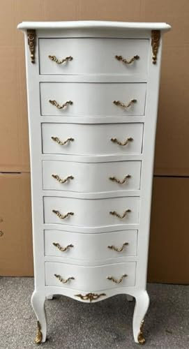 Casa Padrino Barock Kommode mit 7 Schubladen Weiß/Messing - Handgefertigter Massivholz Schrank im Barockstil - Wohnzimmer Möbel im Barockstil - Barock Möbel - Barock Einrichtung