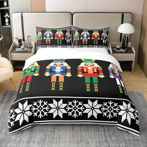 Parure de Lit 140x200 en 100% Coton, Housse de Couette Casse-Noisette, Ensemble de Literie Retro Xmas pour Enfants Garçons, Housse Couette de Noël Scandinave Colorée des Flocons de Neige