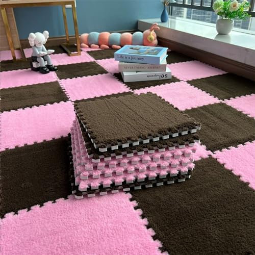 Haklein Tappetino in schiuma di peluche, 30 x 30 x 1 cm, tappetino da gioco puzzle, antiscivolo, morbido, ad incastro, tappeto per la decorazione della stanza (10 pezzi, marrone e rosa)