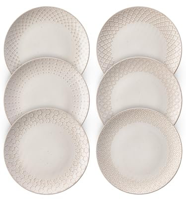 DOWAN Platos llanos, Φ26.7cm Platos de Ensalada de Cerámica, Platos Planos Grabados con Relieve para Cocina, Pasta, Filetes, Sushi, Aptos para Microondas y Horno | Juego de 6, Vintage Blanco