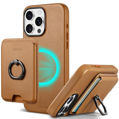 TUCCH Wallet Case for iPhone 15 Pro Max with [Detachable] Magnetic PU Leather Card Holder Stand[Magnetic Wireless Charging][RFID Blocking][Secure Grip Ring], Anti-Slip Protective Slim Cover, Brown