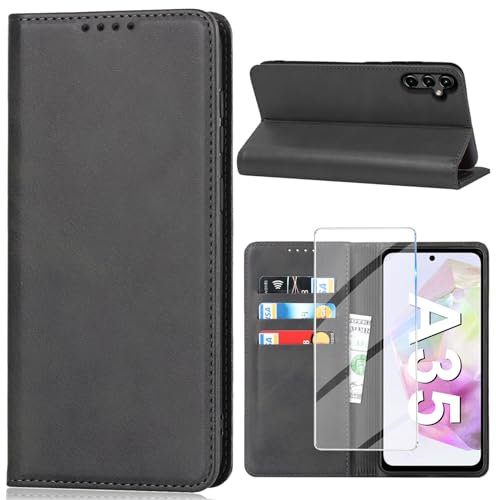 Vaki Handyhülle für Samsung Galaxy A35 5G Hülle mit Schutzfolie, Schutzhülle Galaxy A35 PU Leder Wallet Kartenfach Ständer Klapphülle Lederhüllen Case für Samsung A35 Tache Cover (Schwarz)