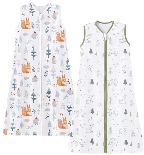 Chilsuessy Sommerschlafsack Baby Schlafsack Kleine Kinder Schlafanzug ohne Ärmel für Sommer und Frühling 100% Baumwolle, Eichhörnchen + Waldbär, 110/Baby Höhe 110-125cm