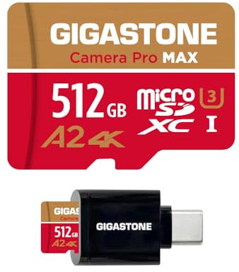 [5 Anni Recupero Dati Gratuito] GIGASTONE 512 GB Scheda MicroSDXC con Lettore di Scheda USB3.2 Tipo C, Camera Pro MAX, Scheda di Memoria A2 V30, 4K UHD Video, Fino a 160/100 MB/s con Adattatore
