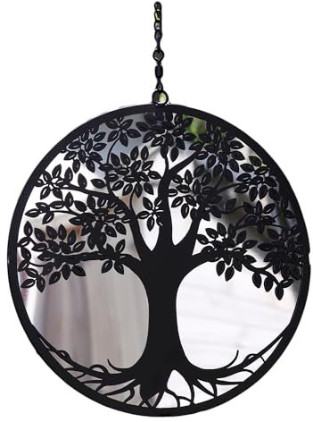 Hanging Mirror 23cm Silhouette Tree Of Life Garden Black Round Metal Decor Art Gift