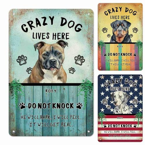 GABSHAIM Schild mit Staffordshire Bullterrier und Welpe, Warnschild, Crazy Dog Lives Here, Metallschild, Outdoor, Zuhause, Bauernhaus, Wandkunst, Dekoration, 45,7 x 30,5 cm, drei Stile