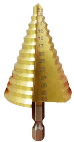 Amazleer Broca escalonada de 5 a 35 mm, cortador de cono de titanio para metal, broca de cono multimaterial para plástico, madera, aluminio, hierro para los amantes del bricolaje (dorado)