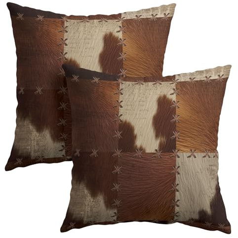 Granbey Set di 2 federe per cuscini in pelle bovina marrone, stampa mucca occidentale, 45 x 45 cm, motivo a pois con animali, per casa, divano, letto, divano