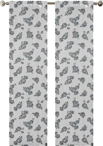 HOME ZEN HOUSEHOLD LINEN Danube-Vorhänge, 1 Paar, 100 % Polyester, 60 x 150 oder 60 x 240 cm, in 4 Farben, mit transparentem Knopfloch (Blume dunkelgrau, 60 x 150 cm)