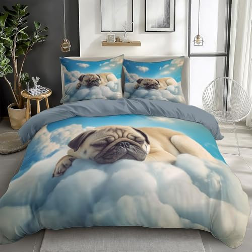 Quixora Bettwäsche Fantasie Tier Mops Muster 155 x 220 cm Wendebettwäsche aus Mikrofaser für Mädchen und Damen, Grau Blau, Mit 80x80 cm Kissenbezug und Reißverschluss