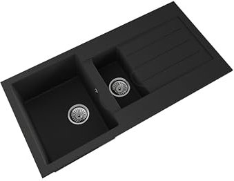Balterley Composite Kitchen Sink with Drainer & Overflow Hole, 100cm Bowl Inset Black Kitchen Sink, 1.5 Double Bowl Reversible Sinks with Grooved Drainer - 1000 x 500 x 200mm (Dark Grey)