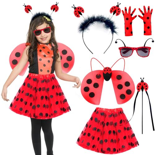 BITOWO Marienkäfer Kostüm Kinder Mädchen 110 116 122 128 134 Marienkäfer Rock Flügel Haarreif Brille Handschuhe Kostüm Marienkäfer Kinder Karneval Marienkäfer Kleid Kleidung Kinder 5-8 Jahre Fasching