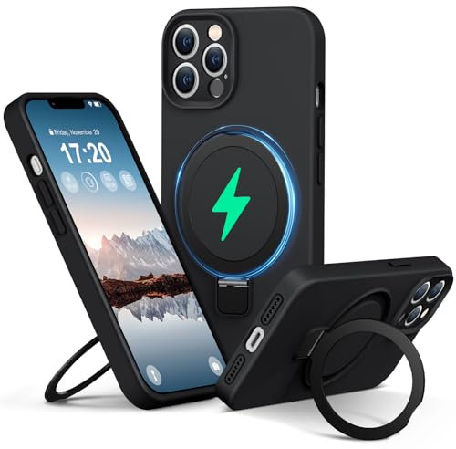 PuyaTeya Liquid Silicone Case for iPhone 13 pro with Magnetic Ring Stand, Upgraded camera lens protection, Mil-Grade Drop Shockproof, Anti-Scratch Microfiber Lining Silicone Case(Black)