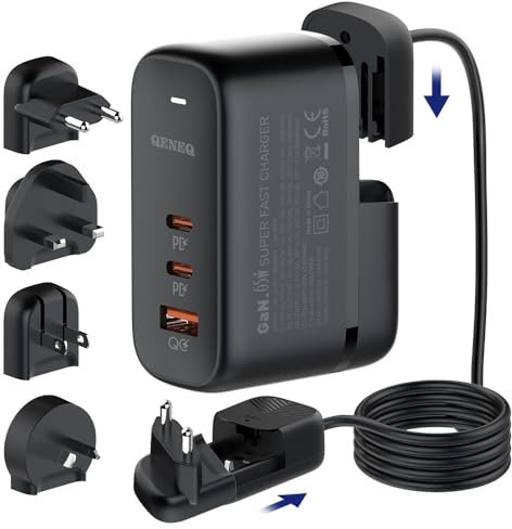 GaN 65W USB C Ladegerät 3-Port USB C Netzteil PPS PD3.0 Schnellladegerät Reiseladegerät US/EU/UK/AU Travel Adapter Charger Reiseadapter für MacBook Air Pro,iPad,iPhone 16/15,Galaxy S24/S23,Laptop