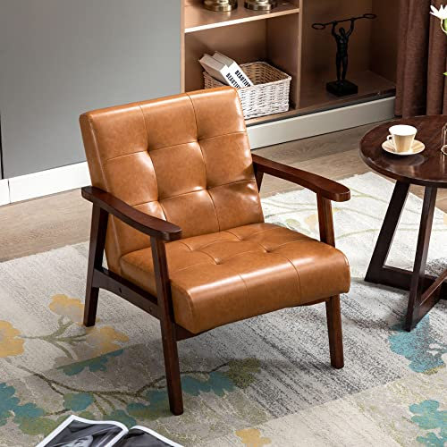 Ledersessel aus der Mitte des Jahrhunderts mit Holzrahmen, Retro-Stil, getufteter Akzentstuhl für Wohnzimmer, Schlafzimmer, Empfang, Orange