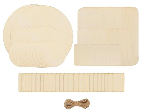 Wenrescry 53 lastre di legno non trattate per fai da te, rotonde e quadrate, per pittura, graffiti, pirografia e decorazione, con corda di canapa e 7 misure