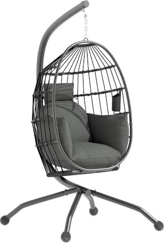 Outsunny Eiförmiger Hängesessel mit Gestell faltbar für Garten Schwarz | Hängeschaukel mit Becherhalter, Abnehmbar Waschbar Sitz, Hängematte, Schaukelsessel für Terrasse