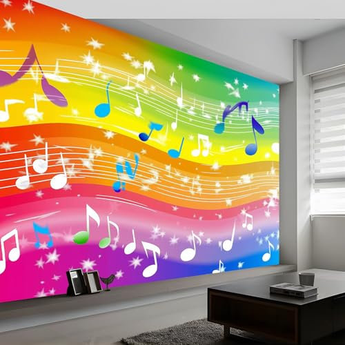 Papier Peint Panoramique 350 x 256 cm Dessin Animé Portée Notes De Musique Poster Geant Mural, Coloré Photo Peinture Murale Papier Peint Intissé pour Salon Chambre Toile Fond TV