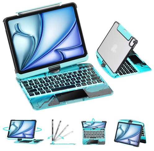 GUSGU Transparent Case with Wireless Keyboard for iPad Air 13-in.(M3/M2, 2025/2024), 7 Colors Backlight, Trackpad, 360°Rotating Stand for iPad Pro 12.9-in (6/5/4/3 Gen), Tech Style