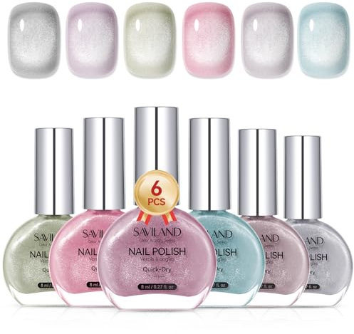 SAVILAND Color Artistry Cat Eye Nail Polish Set: Quick Dry 6 Colors Magnetic Nail Polish Gift Set 12-Free Fingernail Polish Air Dry Nail Lacquer Polish for Beginners Glass Bead Effect Cat Eye Manicure