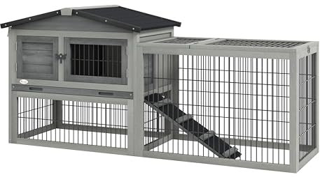 PawHut Hasenstall 2 Ebenen Kaninchenstall aus Tannenholz Winterfest Doppelstockhaus mit Freilaufgehege Rampe 150x52x68 cm Kaninchenkäfig Outdoor Kleintierstall für Hasen Kaninchen Meerschweinchen Grau
