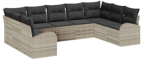vidaXL 9-teiliges Garten-Sofa-Set mit hellgrauen Kissen aus Poly-Rattan. Ideal für deinen Balkon oder die Terrasse. Die Möbel sind wetterfest und bieten viel Komfort für den Sommer.
