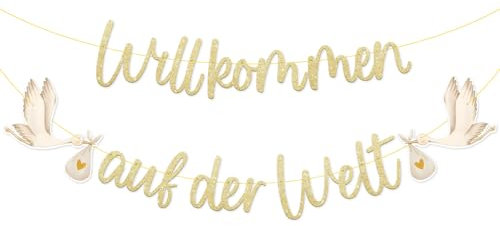 BETESSIN Herzlich Willkommen Girlande zur Geburt Junge & Mädchen - Willkommen auf der Welt - Willkommen Zuhause Baby Girlande mit Storch Geburt Design - Welcome Home Baby Deko für Babyparty