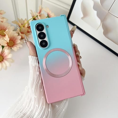 FYYFTYT Custodia per Samsung Z Fold 6, effetto pelle sfumato, magnetica, antiurto, rigida (per Samsung Z Fold 6/blu cielo-rosa)