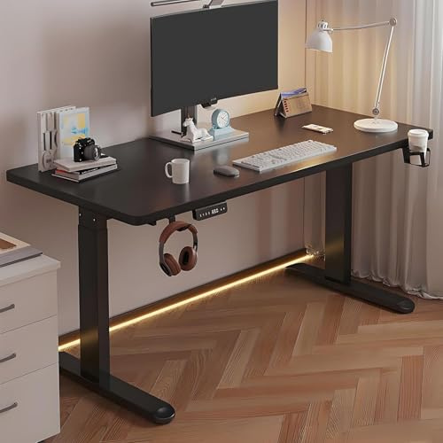 SaryEdge Höhenverstellbarer Stehschreibtisch mit 3 Speichervoreinstellungen – Gaming-Schreibtisch für das Home-Office mit Kopfhörerhaken und Getränkehalter(Schwarz - 140 x 60 cm