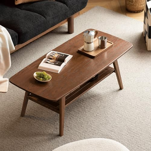YESWOOD Couchtisch aus Massivholz Eiche, Wohnzimmertisch mit 2 Ebenen & Stauraum, Sofatisch für Wohnzimmer, 100 x 50 x 44 cm, Nussbaumfarben