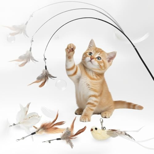 OTraki Ausziehbare Katzenangel 110cm Teleskop Katzenspielzeug mit Holzgriff & Glasfiberstab 4-in-1 Set Vogel & Federn mit Glocke interaktiv für Wohnungskatzen