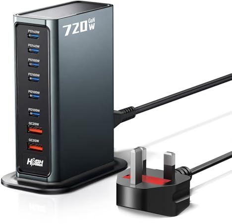 Rocoren 720W USB C Charger Block, 8 Ports PD 140W Charging Station Hub, Multi USB Charger with 1.5m UK Extension Cord Compatible with MacBook, HP, iPad, iPhone, Sumsung Galaxy and More USB C Laptops