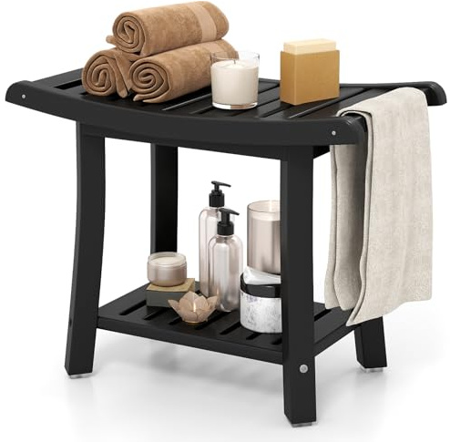 COSTWAY Duschbank Bad, Sitzbank mit Ablage, Badhocker 170 kg belastbar, Badezimmerbank Duschstuhl, Duschhocker für Erwachsene, Senioren, 60,5 x 34 x 48 cm (Schwarz)