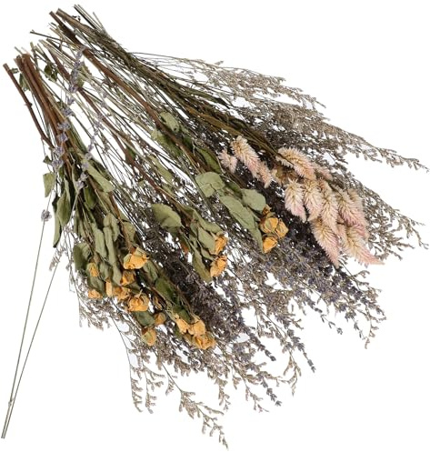 Getrocknete Rosen Lavendel Blumenstrauß Rustikal für Vase | 1 Bund, Trockenpflanzen Arrangement, Passend für Hochzeit und Weihnachten, Landhausstil