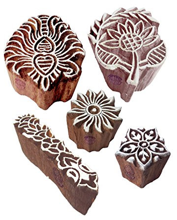 Jaipuri Gestalten Blatt und Blumen Holz Stempel für Drucken (Set von 5)