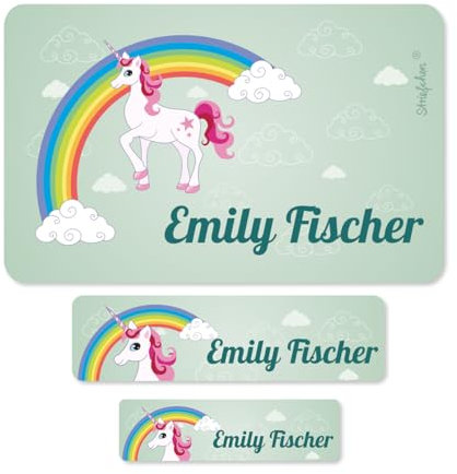 Striefchen® Schuletiketten mit Namensaufdruck - Einhorn mit Regenbogen - in 3 Größen