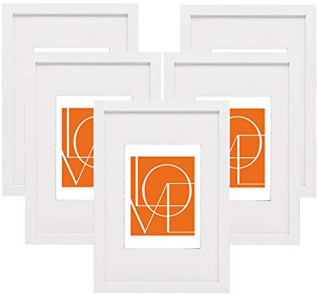WOLTU Bilderrahmen 10x15 cm, Fotorahmen zum vertikalen oder horizontalen Aufhängen/Aufstellen, Holzrahmen mit Passepartout, Set of 5 Posterrahmen Collage Wanddeko, Weiß