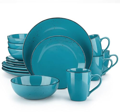 vancasso serie NAVIA Oceano Vajillas de 16 pcs, Juego de Vajillas, Platos de Cena, Postre, Cuencos y Tazas, Esmaltada Gres Vajillas Retro para 4 Personas Azul marino