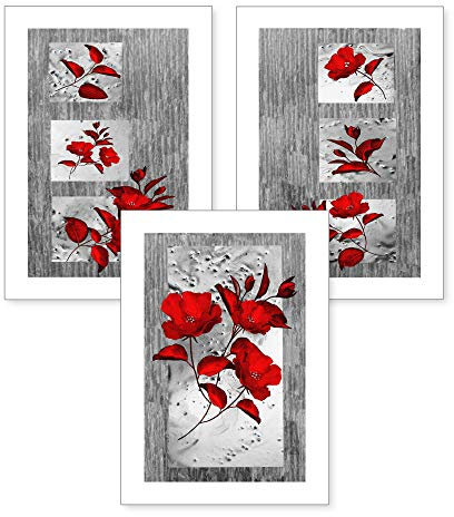 Kreative Feder 3-teiliges Premium Poster-Set | Kunstdruck | rote Blüten | Deko Bild für Ihre Wand | optional mit Rahmen | Wohnzimmer Schlafzimmer Modern Fine Art | DIN A4 / A3 (A4, ohne Rahmen)