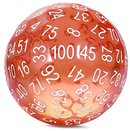 DNDND D100 Würfel mit durchscheinendem Beutel für Dungeons und Dragonen, 100-seitig, durchscheinendes Orange mit weißer Zahl