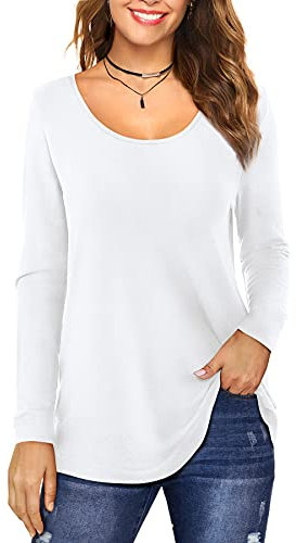Florboom Womens Top Long Sleeve Scoop Neck T Shirts Fitted Longline Tee Blouse White 8 10