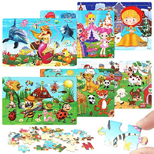 Holzpuzzle Kinder 6 Stück, Kinderpuzzle 30 Teile, Puzzle Prinzessin Tier, Gehirntraining Spielzeug für Kinder ab 3 Jahren, Geschenk Kinderspielzeug für Mädchen Jungen