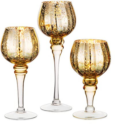 Nuptio Glas Kerzenhalter Hoch 3 Stück Große Teelichthalter Gold Teelichter Tisch Kerzenständer Set für Schwimmende & Stumpenkerzen, Quecksilber Kerzenhalter für Hochzeit Party Weihnachten