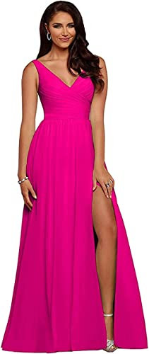 WTWVIAN Vestido largo de gasa con cuello en V para mujer, vestido de dama de honor, vestido de invitada de boda, plisado con abertura alta, espalda descubierta, vestido formal, fucsia, 42