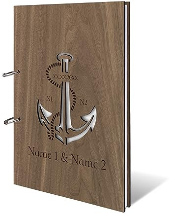 Personalisiertes Hochzeit Gästebuch echtes Holz DIN A4 Hochzeitsbuch mit Lasergravur - Anker - mit 72 Blatt / 144 Seiten Naturpapier Weiß
