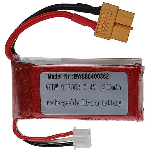 vhbw Akku kompatibel mit XT60 Stecker für Modellbau z.B. Racing Car, Helikopter, Flugzeug (1200mAh, 7,4V, Li-Polymer, 63 x 29 x 20 mm)