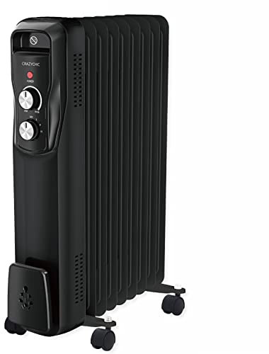 CRAZYCHIC - Radiateur Bain d'Huile Electrique 2000W - Chauffage d'Appoint Mobile Portable - Thermostat Réglable 3 Niveaux de Chauffe - 9 Eléments - Couleur Noir