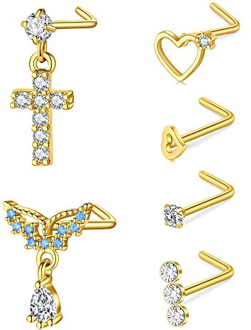 VFUN Nasenpiercing Stecker 18G Chirurgenstahl Kreuz Diamond CZ L Form Gold Flügel Nasen Piercing
