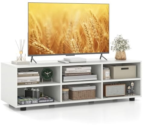 COSTWAY TV Stand Cabinet for TVs up to 40/55, Wooden Media Entertainment Center with Storage Cubes and Adjustable Shelves, TV Unit Console Table for Living Room Bedroom (White, 6 Cubes)
